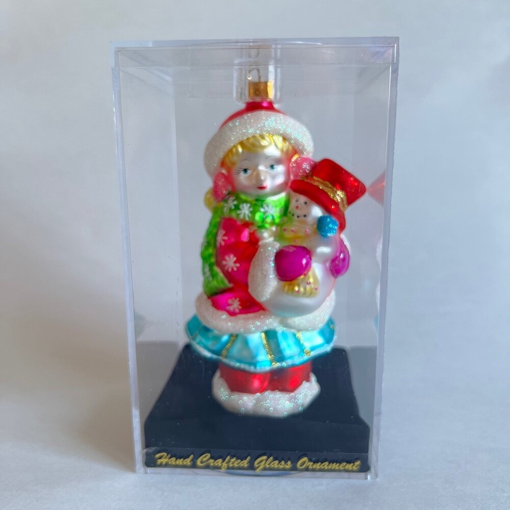 2004 Frosty Girl & Snowman  Christmas Ornament Figurine holiday Glass Ornament